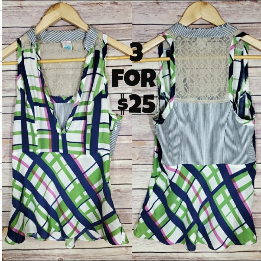 Free People Sleeveless Plaid Top Lace Accent